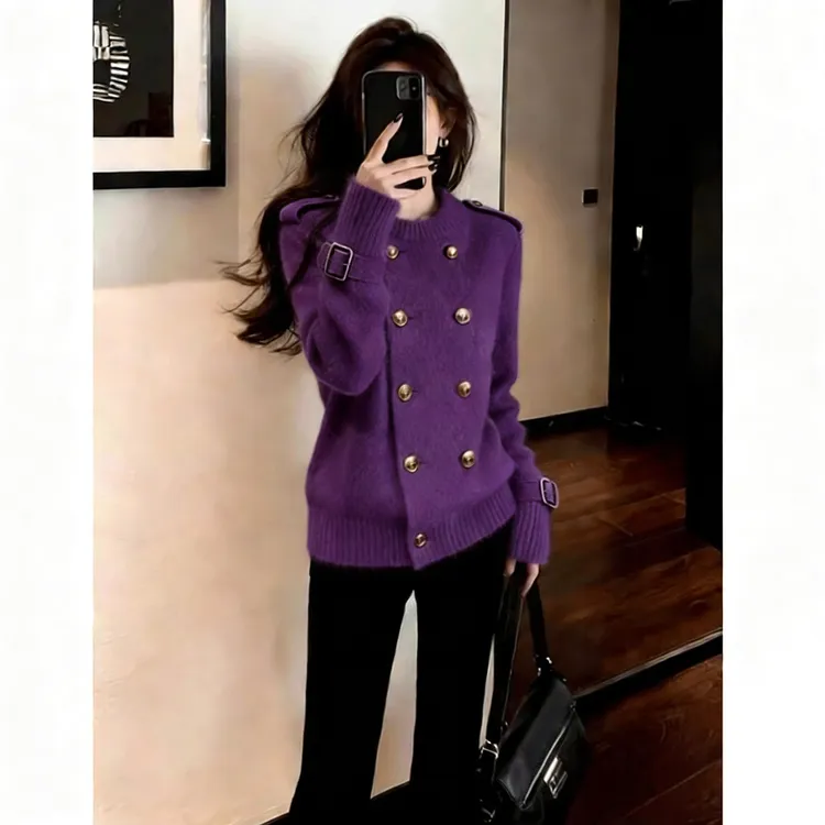 美式复古风时尚百搭休闲松弛感毛衣外套女2025秋冬紫色双排扣开衫
