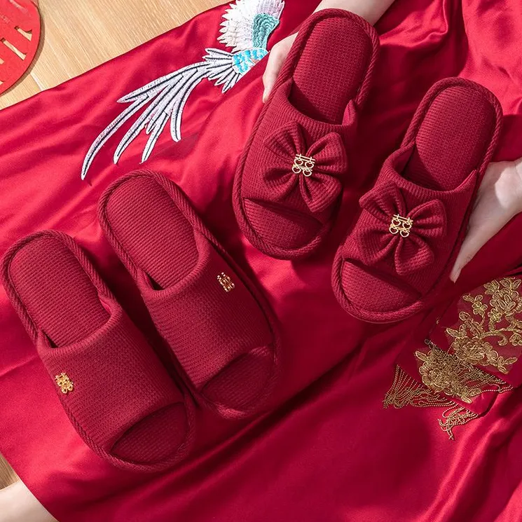 新款婚庆拖鞋结婚喜庆男女情侣春秋款轻奢新婚红色蝴蝶结婚神器