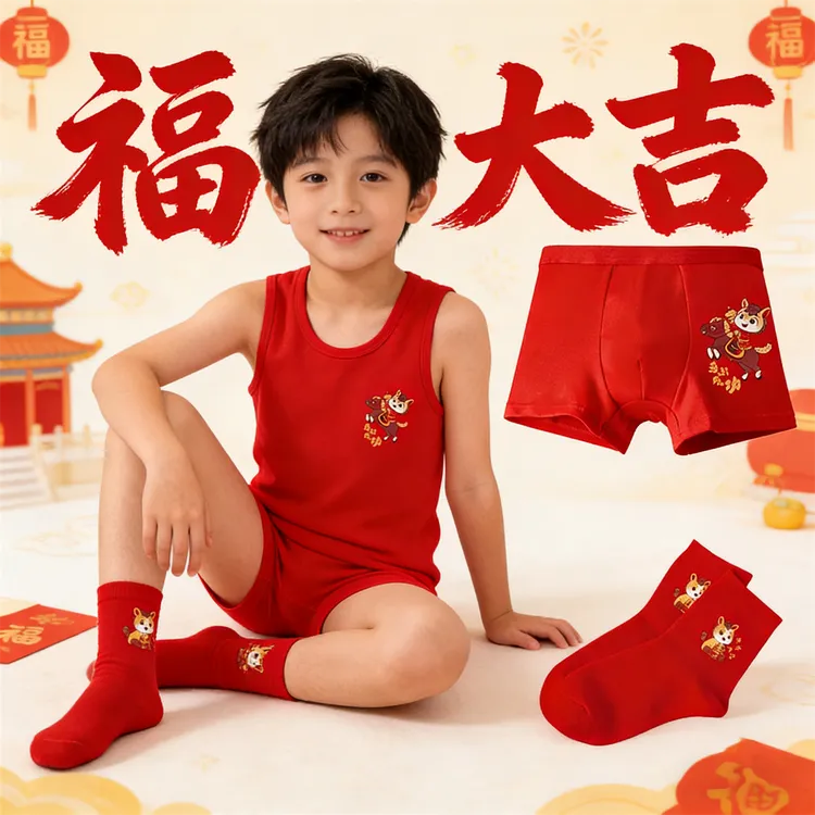 男童本命年红色背心中大童纯棉儿童12岁马年13内衣裤套装男孩无袖