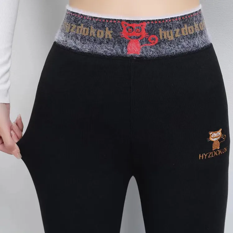 秋冬季大码高腰高弹显瘦加绒猫头打底裤
