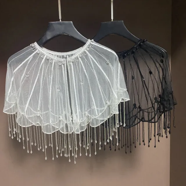 轻奢蕾丝网纱披肩米珠流苏云肩搭配旗袍婚纱礼服斗篷披肩短开衫夏