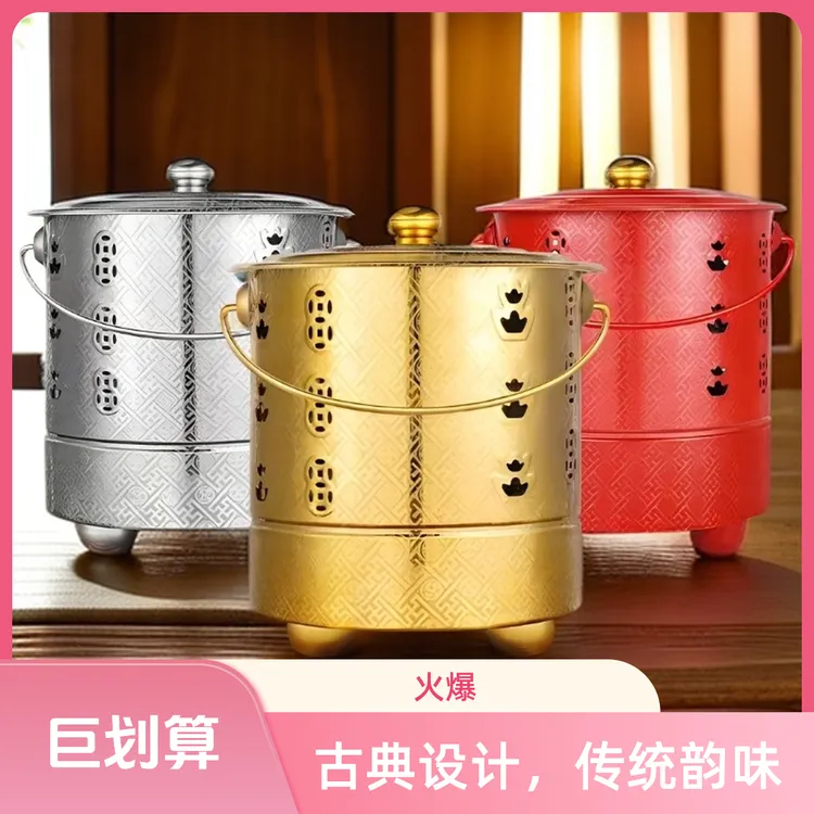 精品巨厚花纹款雕刻工艺内胆烧金桶无烟室内室外烧纸桶供佛聚宝桶