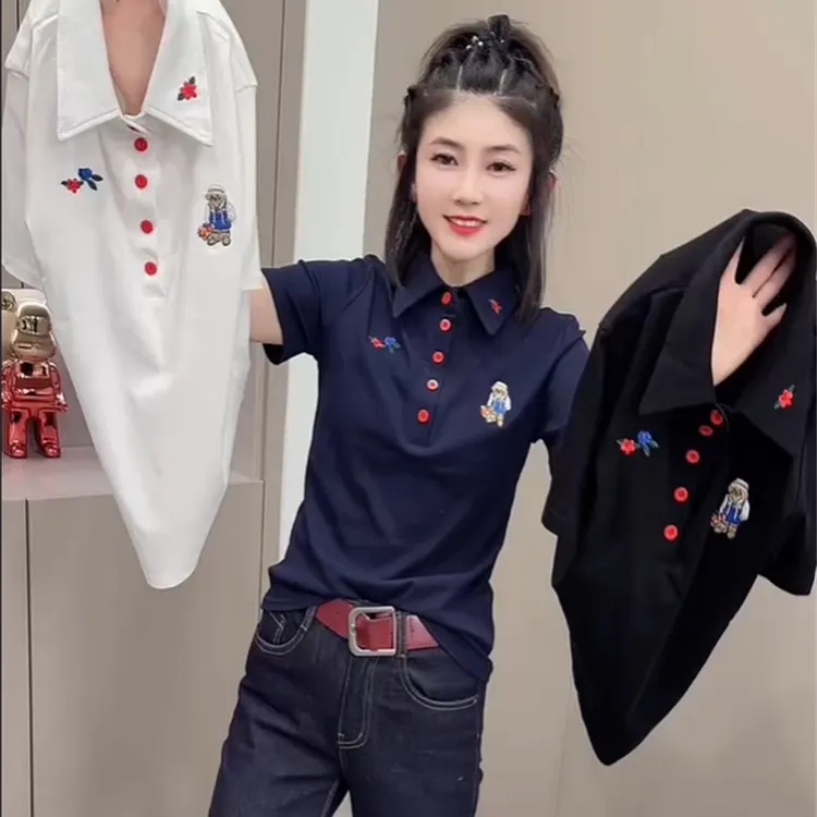 欧货重工刺绣卡通小熊polo领T恤2025年夏季新款短袖彩扣定制上衣