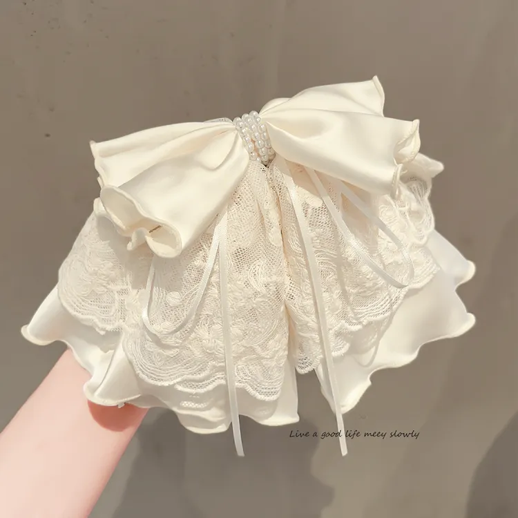 气质蕾丝刺绣缎面蝴蝶结抓夹女2025新款法式马尾夹温柔气质鲨鱼夹