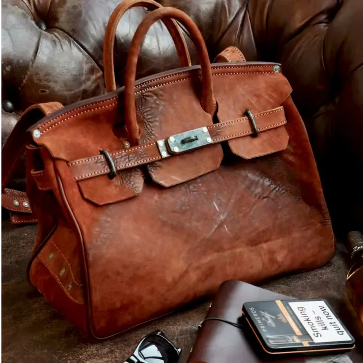 复古马臀皮铂金包小众伤痕马臀皮单肩包手拎包