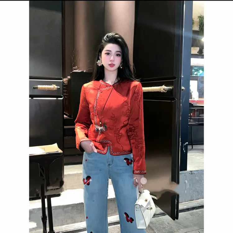 【鸿运当头】2026春季新款中式斜襟长袖衬衫红色上衣