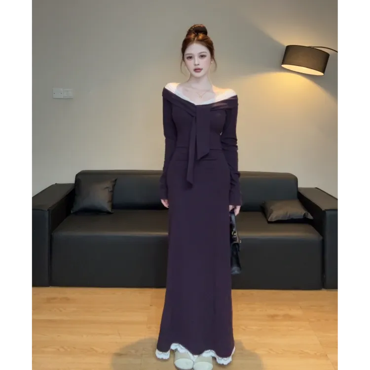 显瘦一字肩名媛风连衣裙法式宴会小黑裙