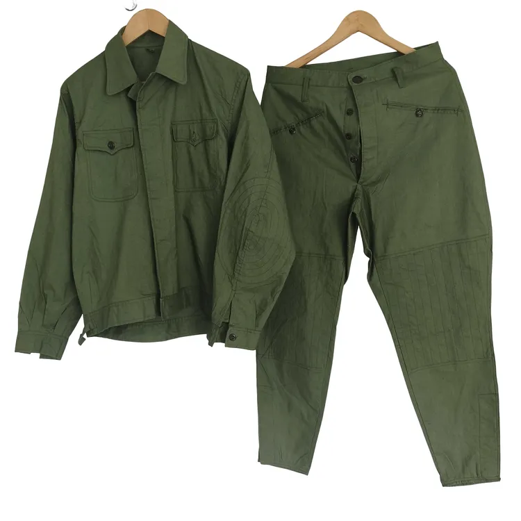 套装夹克马裤夏带补丁工作服小脚裤高腰绿棉质衣裤