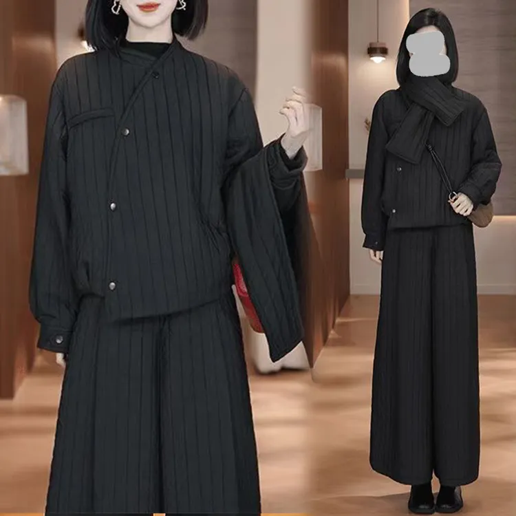 小众设计感纹理时尚套装2025冬季新款棉服外套裤子围巾三件套