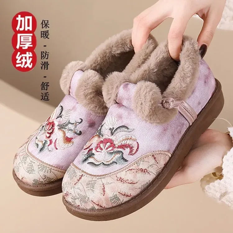 【花开富贵】冬季老北京棉鞋女加绒加厚保暖妈妈一脚蹬民族风绣花鞋