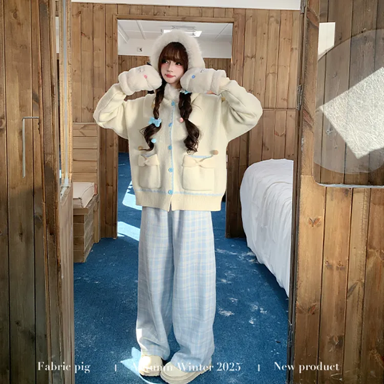 奶油冰川 织物猪原创 韩系慵懒风连帽毛绒领外套女冬针织毛衣开衫