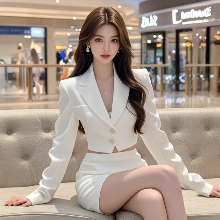 2025秋季新款套装气质名媛风白色V领西装外套高腰半身短裙两件套