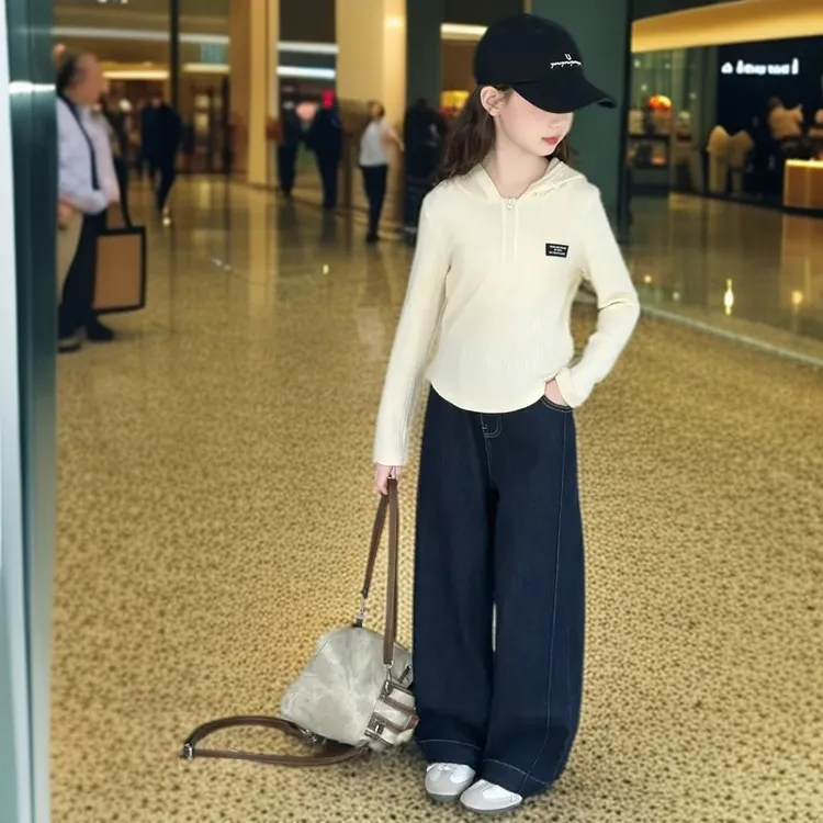 DP女童短款连帽卫衣套装春秋款女孩秋季修身打底衫牛仔裤两件套童