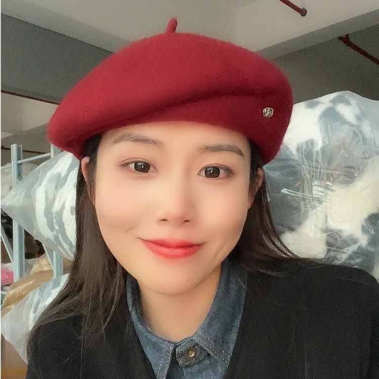 安可拉红羊毛呢银标装饰贝雷帽复古秋冬甜美百搭显脸小压褶画家帽