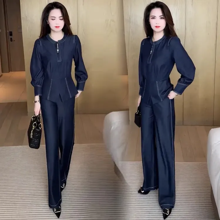 时尚牛仔套装女2025春季新款洋气减龄圆领收腰上衣阔腿裤两件套潮