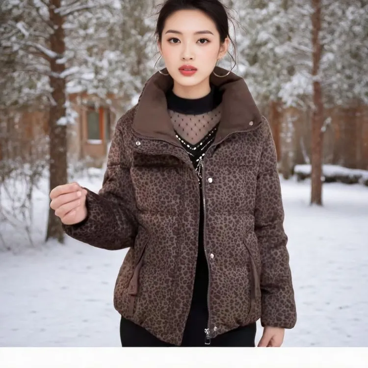 高档冬季新品短款加厚保暖休闲豹纹棉衣外套气质时尚中年女士棉服