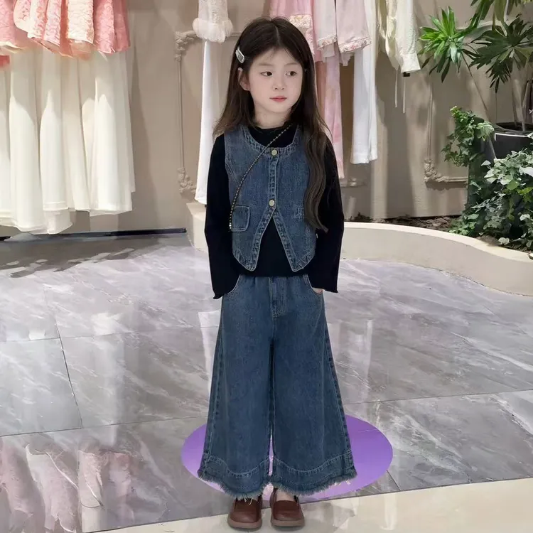 女童秋季套装2025新款儿童洋气时髦牛仔马甲阔腿裤秋装宝宝三件套