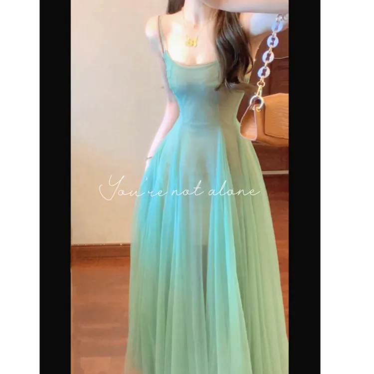 氛围感修身网纱收腰吊带裙2025新款女夏季茶歇法式长裙无袖连衣裙