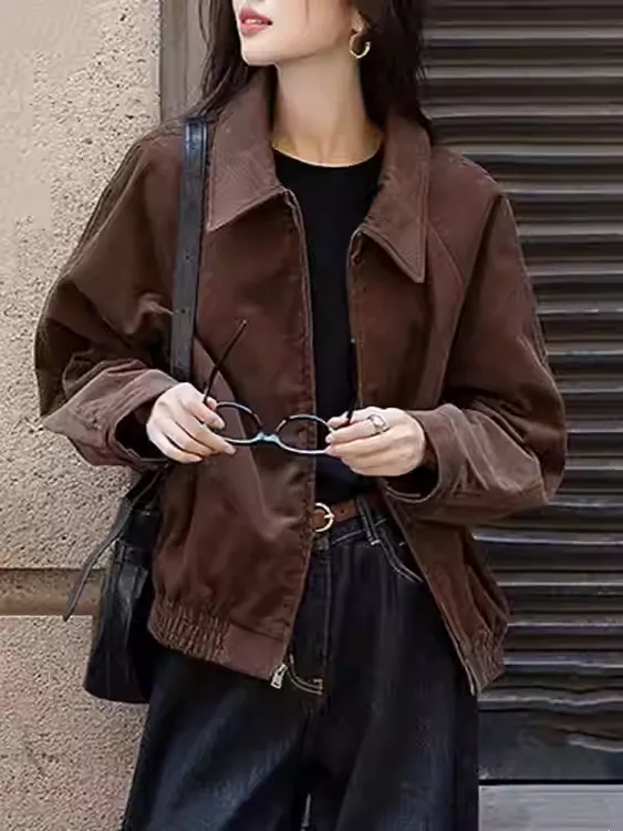 职业阿玛诗官方2025秋冬新款复古派翻领灯芯绒橡筋下摆宽松外套女