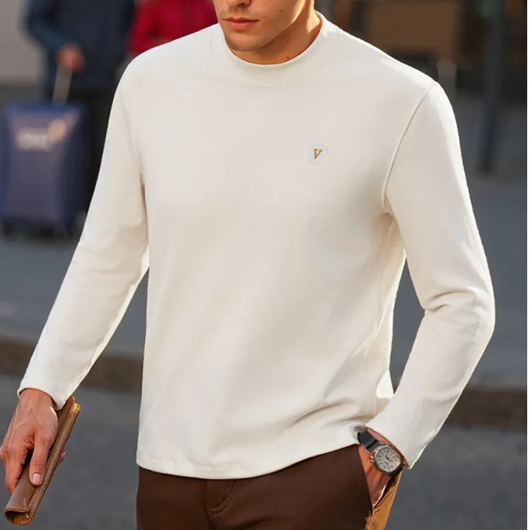 圆领厚款简约风V字刺绣山羊绒套衫针织保暖男士打底衫