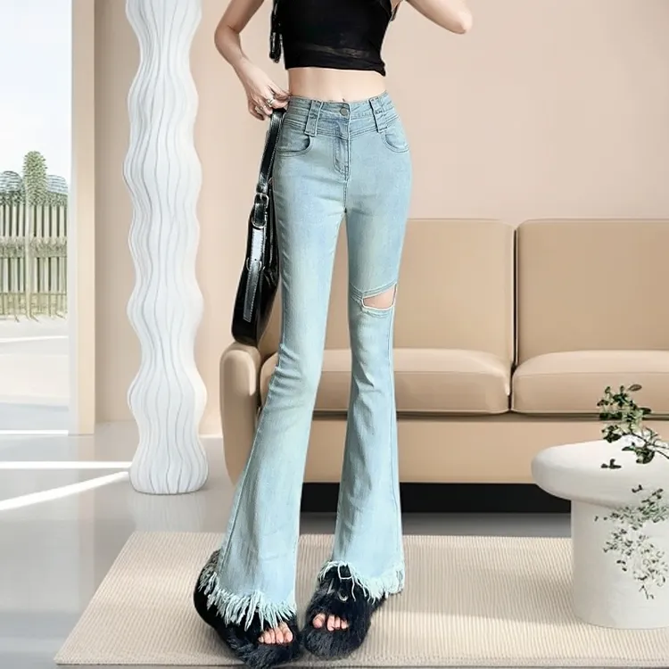 2268A#新款个性破洞微喇牛仔裤女修身显瘦显高