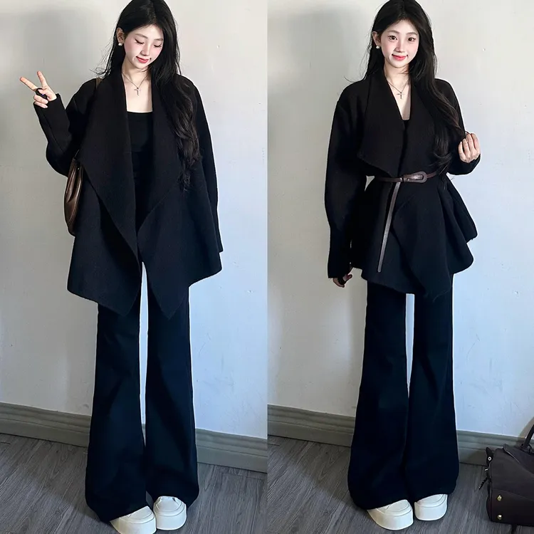 2025秋冬新款慵懒风韩系高级感黑色翻领针织开衫毛衣外套女套装