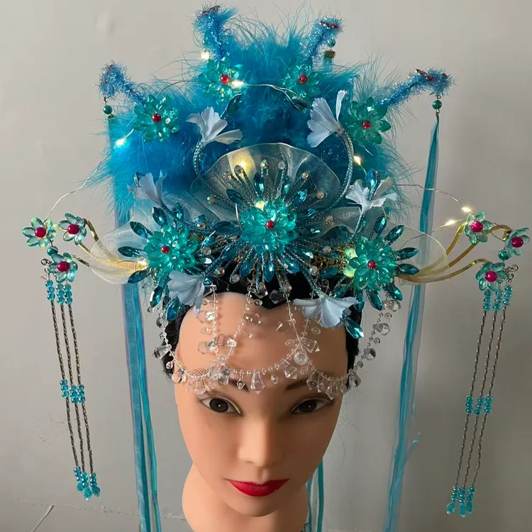 原创新款秧歌演出大秧歌头花头饰二人转广场羽毛花冠飘带舞蹈东北