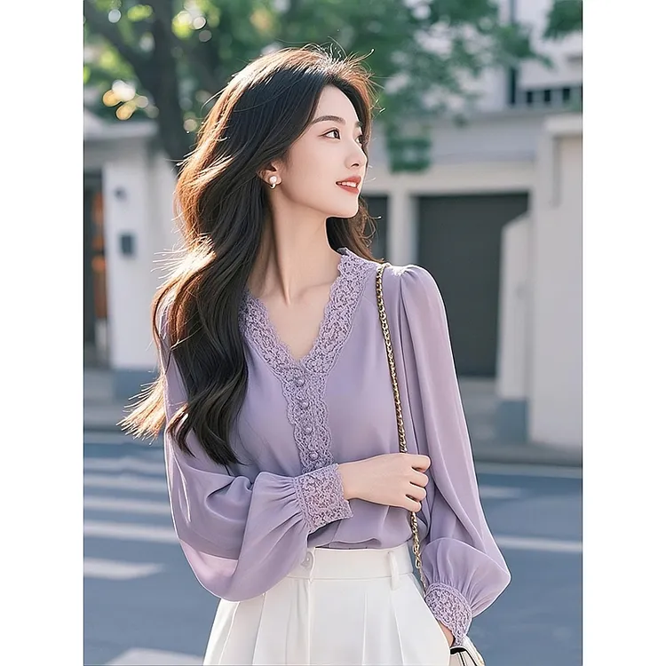 2025新款爆款设计感高级衬衣风情万种的法式紫色v领长袖衬衫女款