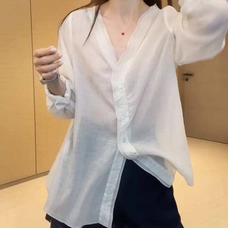 韩系风衣简约夏季新品双层花边V领微透宽松衬衫白色上衣衬衣C5627