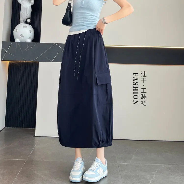 百搭美式冰丝速干工装裙女夏季薄款高腰a字开叉中长款半身裙显瘦
