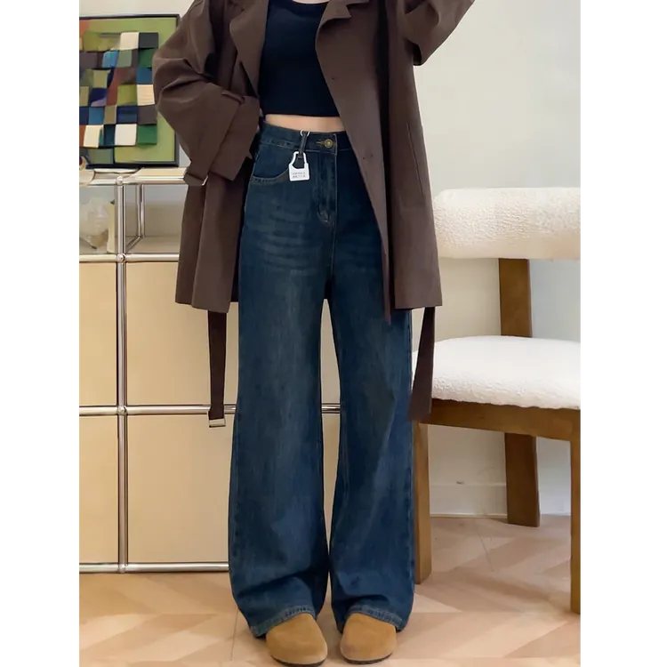 秋冬新款加绒加厚窄版阔腿牛仔裤女大码宽松高腰遮跨显瘦直筒长裤