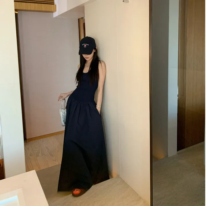 法式赫本风拼接吊带连衣裙女2025夏季新款蓬蓬裙气质收腰大摆长裙