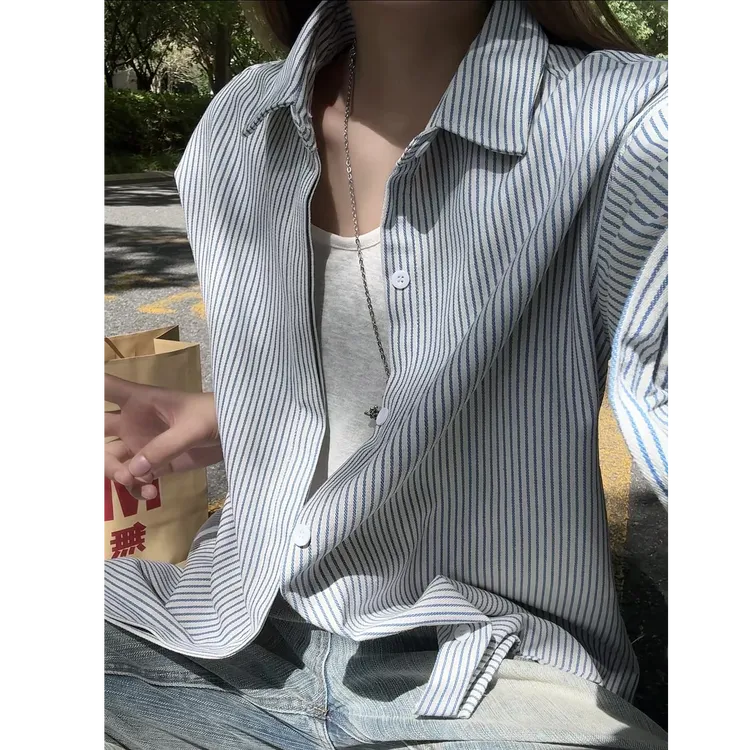 复古蓝白条纹衬衫男春秋季长袖衬衣美式休闲松弛感宽松情侣薄外套