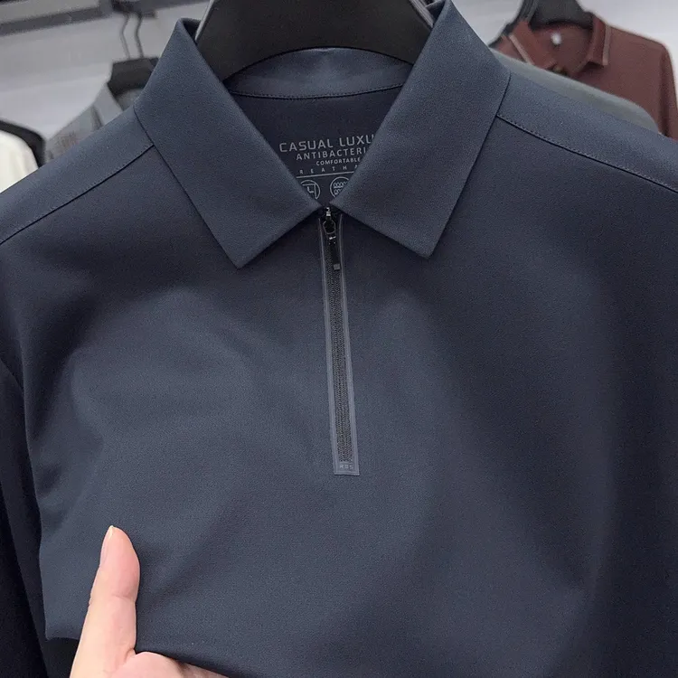 in cotton sea高档免烫长袖男士秋季薄领开叉商务休闲半拉链衬衫