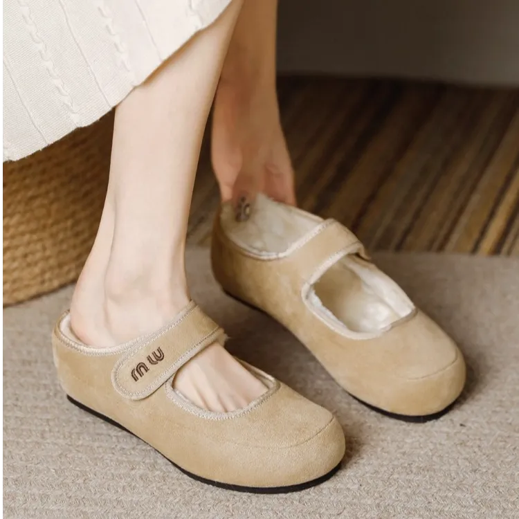 内增高包头半拖鞋女外穿简约百搭魔术贴舒适勃肯鞋复古玛丽珍加绒