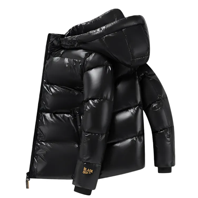 男士冬季超厚连帽亮面白鹅绒黑金羽绒服零下40短款保暖时尚外套男