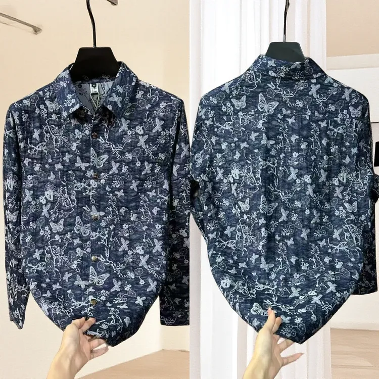 【轻奢】男士秋冬提花工艺按扣翻领长袖商务休闲百搭潮流衬衫外套