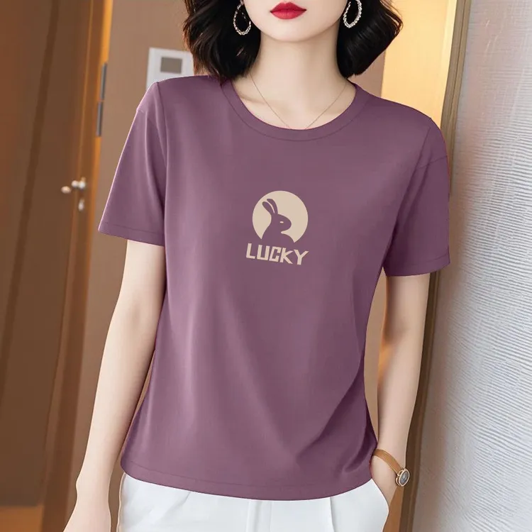 圆领印花时尚休闲百搭显瘦2025新款夏季短袖t恤女士宽松大码上衣