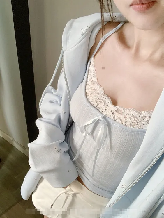 【蓝色甜美纯欲吊带】夏季蕾丝辣妹吊带背心带胸垫蝴蝶结丝带上衣