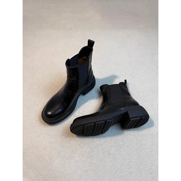牛皮版~复古秋冬加绒切尔西靴子英伦风圆头厚底通勤马丁靴女短靴