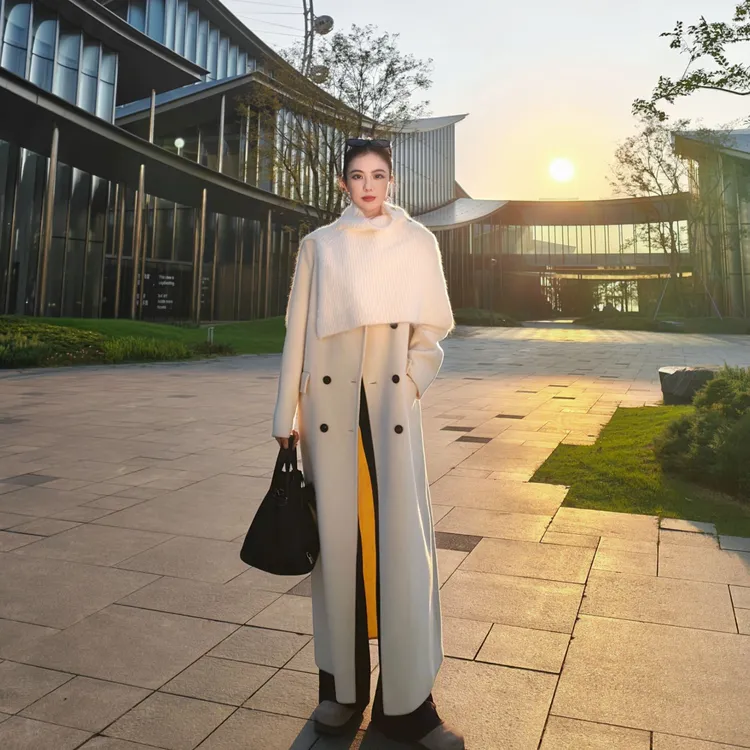 【女主角】超长款毛呢外套气质大气超模正肩羊毛大衣高领毛衫套装