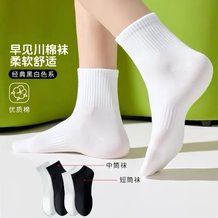 秋冬男女透气中短筒组合棉袜简约百搭运动纯色袜黑白潮袜透气