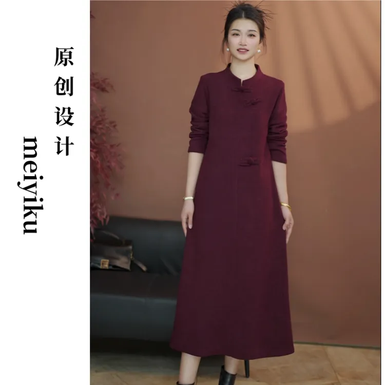 秋冬新款长袖盘扣新中式呢料简约气质轻奢时尚休闲百搭连衣裙