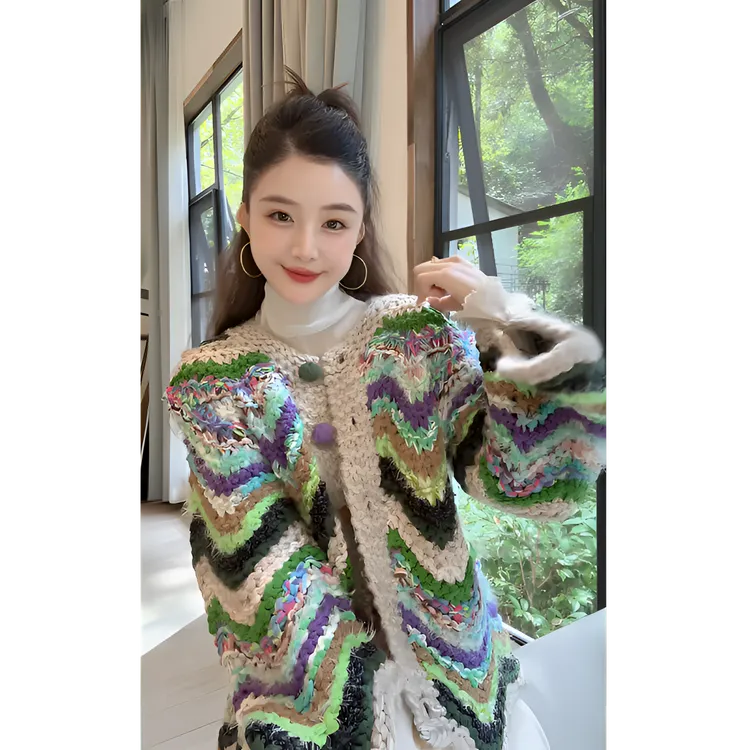 洋洋优选-秋冬新款重工拼色波浪纹单排扣设计手工毛衣外套YY72022