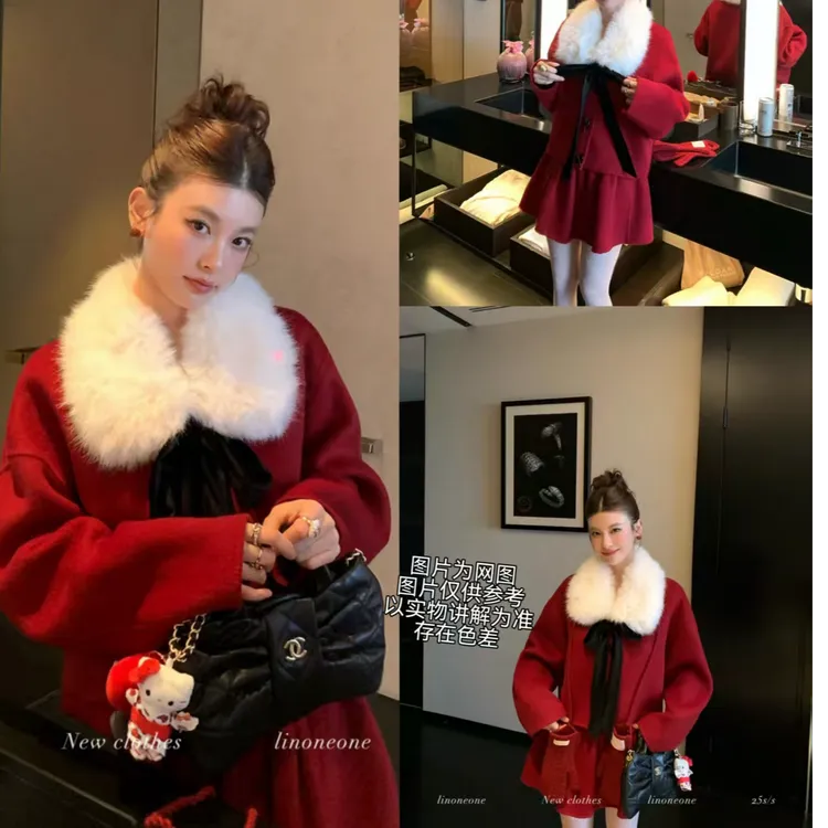 2025冬季大码女装圣诞氛围战袍环保毛领夹棉毛呢外套+短裙