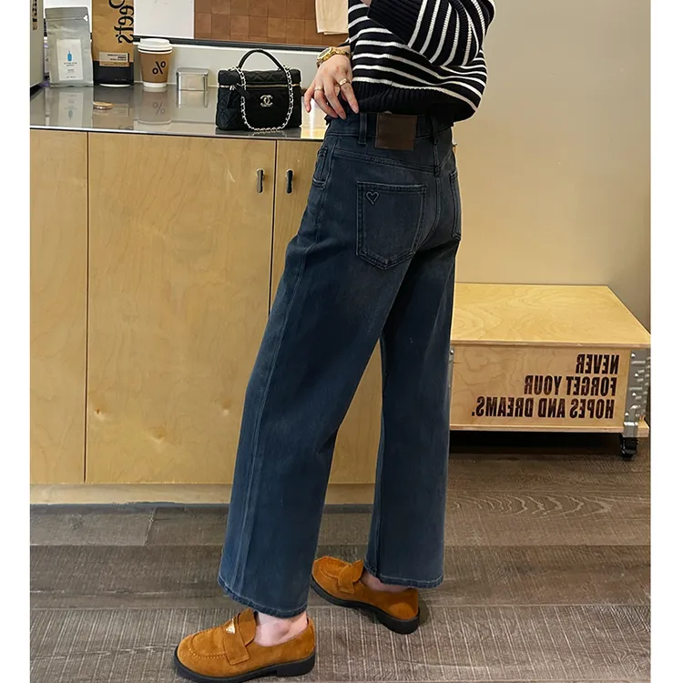 爱心印花弹力直筒牛仔裤女2025秋季新款小个子高腰显瘦九分奶奶裤