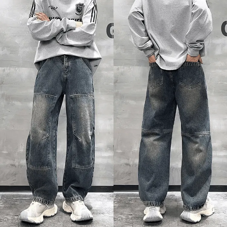 BOF男士复古牛仔裤拼接渐变色宽松直筒裤春秋潮流港风百搭休闲裤