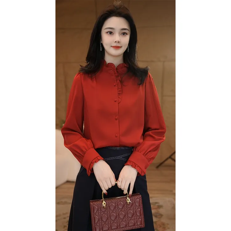 【小陈甄选】流光风曼贝酒红衬衫女士高级显瘦8493361气质衬衣