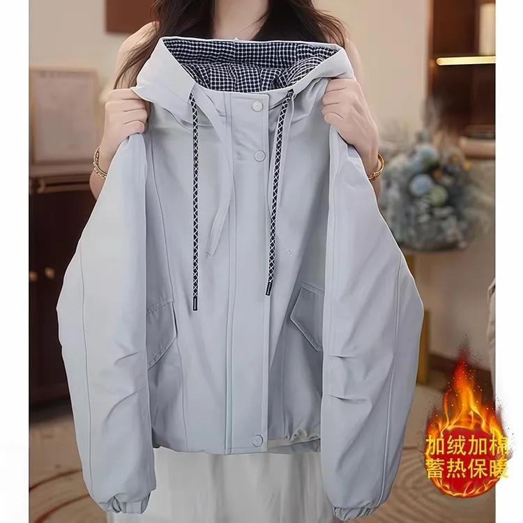 女童加绒棉服秋冬2025新款格子连帽二棉冲锋衣棉服加厚一体绒外套