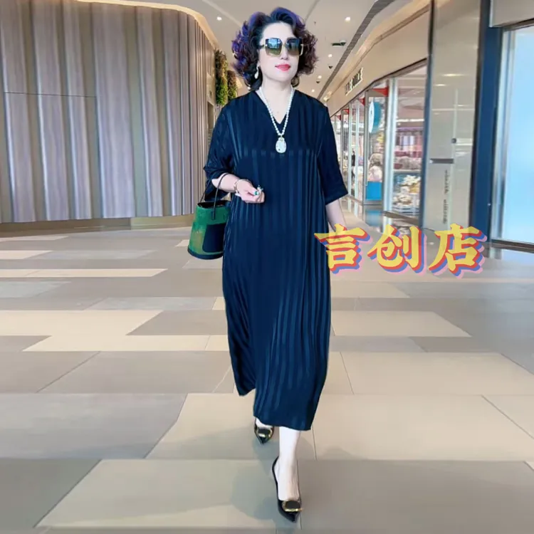 A65高品质！阔太太气质真丝连衣裙中老年妈妈夏短袖加肥加长裙子
